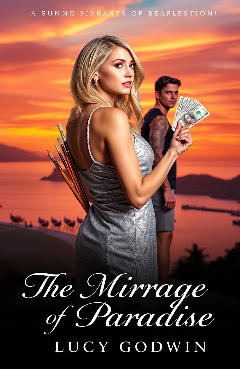 A captivating book cover depicting a stunning sunset over Puerto Vallarta Bay, featuring a 38-year-old blonde woman in a shimmering silver dress looking thoughtfully away from the viewer in the foreground