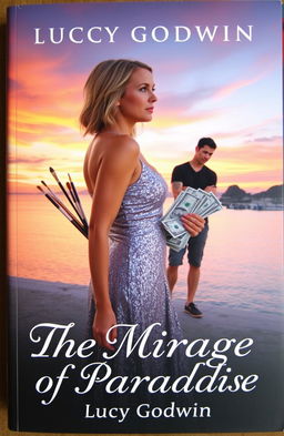 A captivating book cover depicting a stunning sunset over Puerto Vallarta Bay, featuring a 38-year-old blonde woman in a shimmering silver dress looking thoughtfully away from the viewer in the foreground