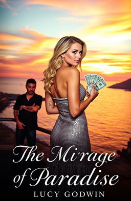 A captivating book cover depicting a stunning sunset over Puerto Vallarta Bay, featuring a 38-year-old blonde woman in a shimmering silver dress looking thoughtfully away from the viewer in the foreground