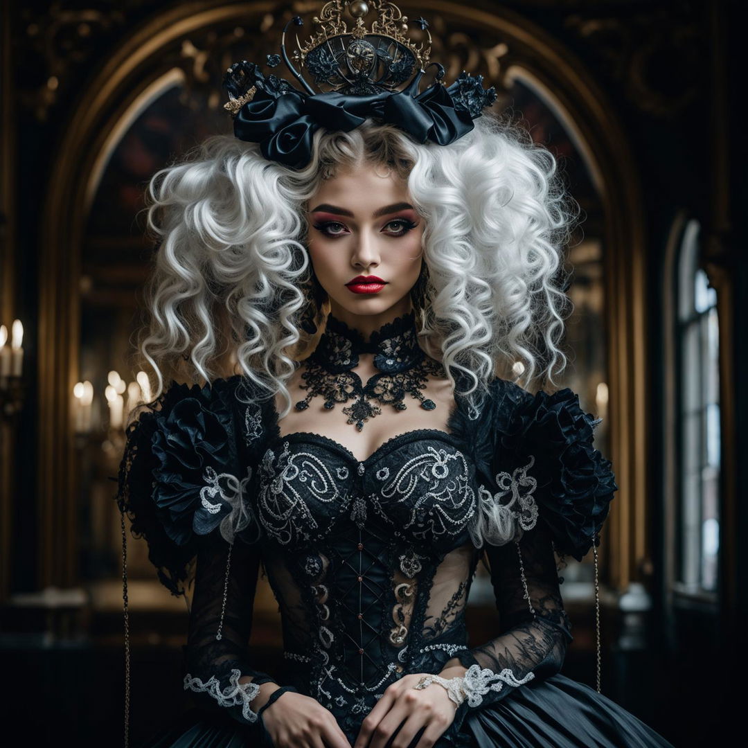 A photograph of a 19-year-old model with sanpaku eyes and circular irises in Rococo style with Gothic elements, featuring all white big Rococo hair, thick red lips, a corsetted waist, long eyelashes, and symmetrical facial features, dressed in a black dress, taken with a Sony Alpha a7 III and Sony FE 50mm f/2