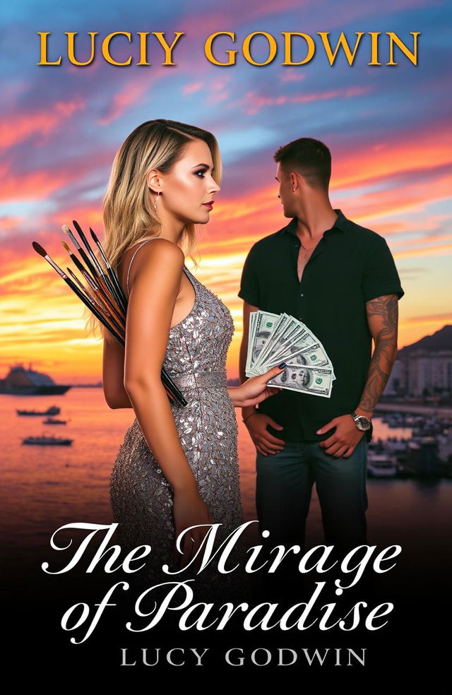 A captivating book cover depicting a stunning sunset over Puerto Vallarta Bay, featuring a 38-year-old blonde woman in a shimmering silver dress looking thoughtfully away from the viewer in the foreground