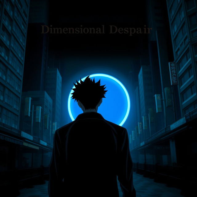 A man walking towards an oval blue portal, with his back facing the camera, shrouded in shadows that enhance the dark theme