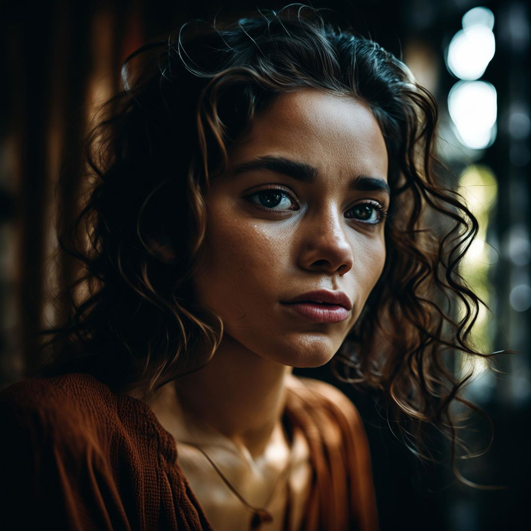 A detailed photograph of a woman in contemplation, shot with a Canon EOS R5 35mm