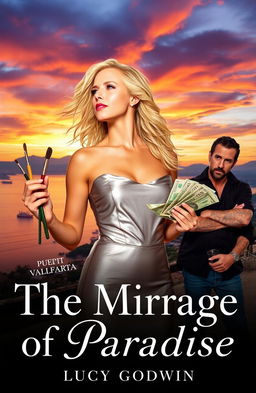 A captivating book cover featuring a stunning sunset over Puerto Vallarta Bay, with vibrant oranges and purples illuminating the sky