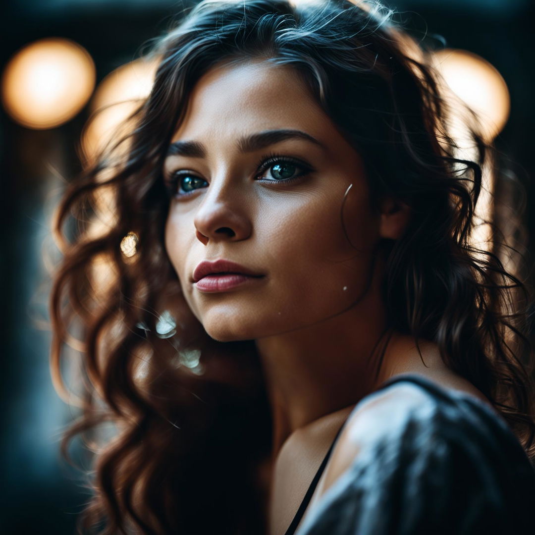 A detailed photograph of a woman in contemplation, shot with a Canon EOS R5 equipped with a Canon RF 24-70mm f/2