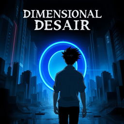 A man with black spiky hair walks towards an oval blue portal, his back facing the camera