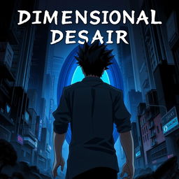 A man with black spiky hair walks towards an oval blue portal, his back facing the camera