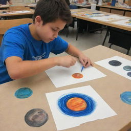 A student artist carefully crafting paintings of celestial planets