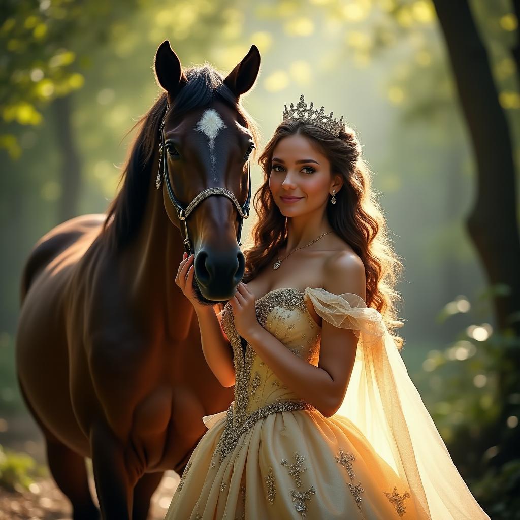 A magical scene depicting a 35-year-old woman dressed as a princess, elegantly adorned in a flowing gown with intricate details