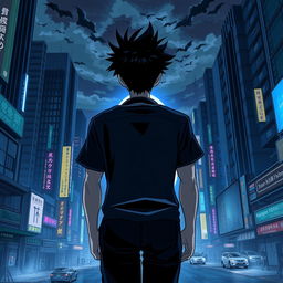 A man with black spiky hair walks towards an oval blue portal, his back facing the camera