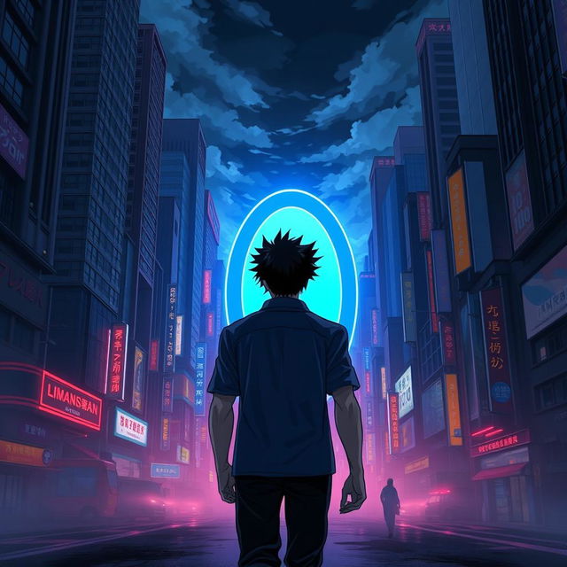 A man with black spiky hair walks towards an oval blue portal, his back facing the camera