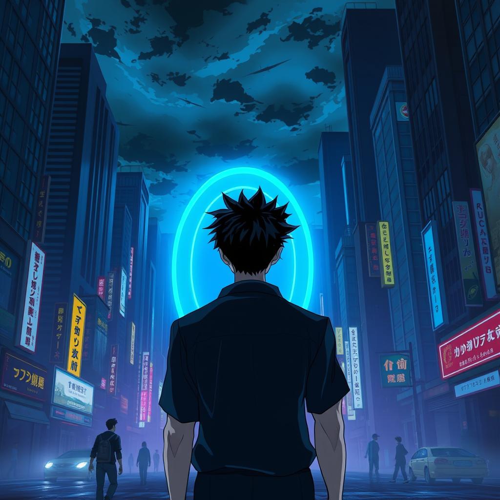 A man with black spiky hair walks towards an oval blue portal, his back facing the camera