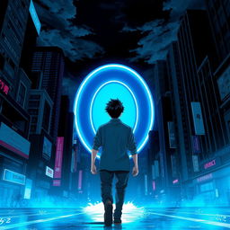 A man with black spiky hair walks towards an oval blue portal, his back facing the camera