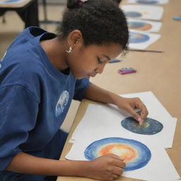 A student artist carefully crafting paintings of celestial planets