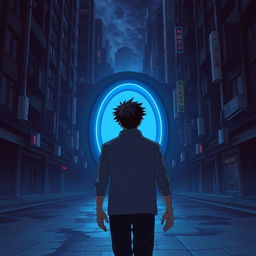 A man with black spiky hair walks towards an oval blue portal, positioned with his back facing the camera