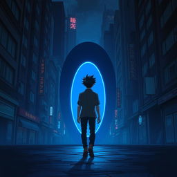 A man with black spiky hair walks towards an oval blue portal, positioned with his back facing the camera