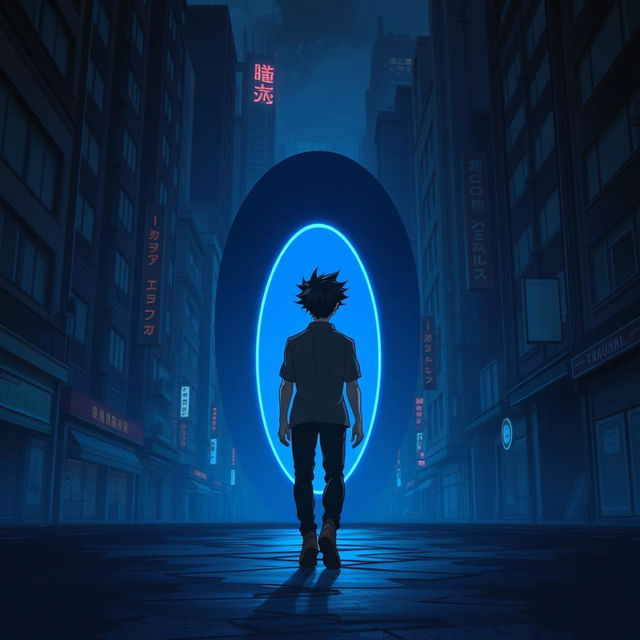 A man with black spiky hair walks towards an oval blue portal, positioned with his back facing the camera