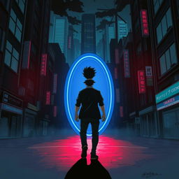 A man with black spiky hair walks towards an oval blue portal, positioned with his back facing the camera