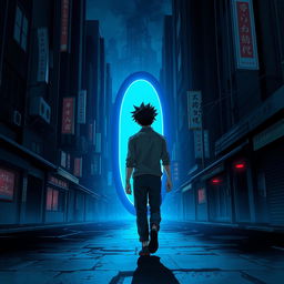 A man with black spiky hair walks towards an oval blue portal, positioned with his back facing the camera