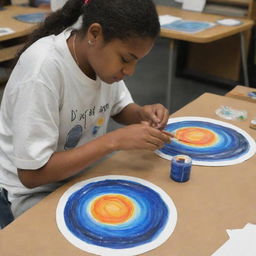 A student artist carefully crafting paintings of celestial planets