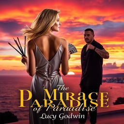A captivating book cover featuring a breathtaking sunset over Puerto Vallarta Bay, with vivid colors blending orange, pink, and purple in the sky