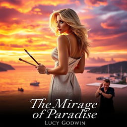 A captivating book cover featuring a breathtaking sunset over Puerto Vallarta Bay, with vivid colors blending orange, pink, and purple in the sky