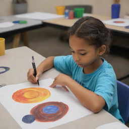 A student artist carefully crafting paintings of celestial planets