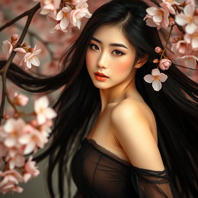 A stunning Chinese girl standing in an artistic pose, surrounded by beautiful cherry blossoms