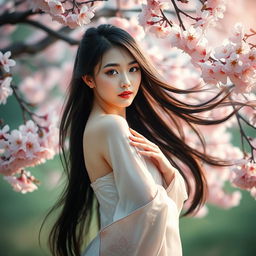 A stunning Chinese girl standing in an artistic pose, surrounded by beautiful cherry blossoms