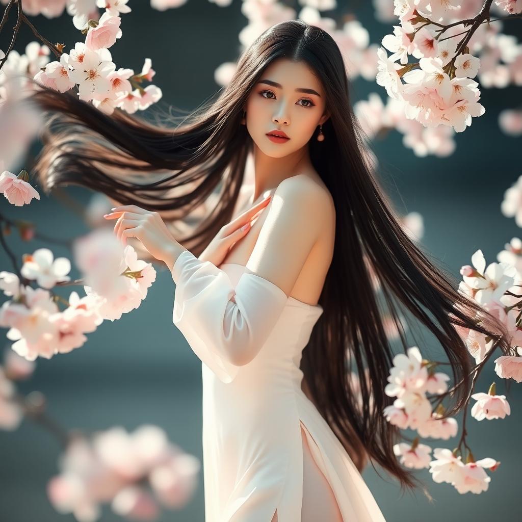 A stunning Chinese girl standing in an artistic pose, surrounded by beautiful cherry blossoms