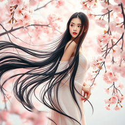 A stunning Chinese girl standing in an artistic pose, surrounded by beautiful cherry blossoms