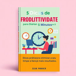 A vibrant and engaging eBook cover design for the title '5 Dicas de Produtividade para Melhorar Seu Dia em 5 Minutos' prominently displayed at the top in bold, modern typography