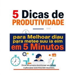 A vibrant and engaging eBook cover design for the title '5 Dicas de Produtividade para Melhorar Seu Dia em 5 Minutos' prominently displayed at the top in bold, modern typography