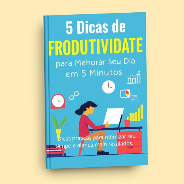 A vibrant and engaging eBook cover design for the title '5 Dicas de Produtividade para Melhorar Seu Dia em 5 Minutos' prominently displayed at the top in bold, modern typography