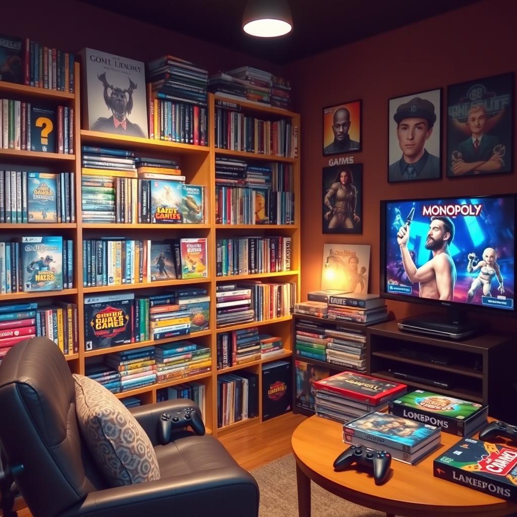 An inviting game library with shelves filled with colorful game boxes, featuring both video games and board games, including popular titles like chess, Monopoly, and various video game disc cases