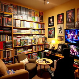 An inviting game library with shelves filled with colorful game boxes, featuring both video games and board games, including popular titles like chess, Monopoly, and various video game disc cases