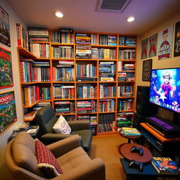 An inviting game library with shelves filled with colorful game boxes, featuring both video games and board games, including popular titles like chess, Monopoly, and various video game disc cases