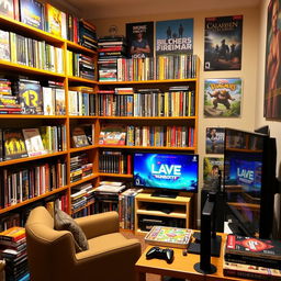An inviting game library with shelves filled with colorful game boxes, featuring both video games and board games, including popular titles like chess, Monopoly, and various video game disc cases