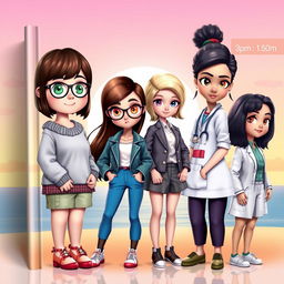 A vibrant book cover featuring four young female characters, designed in a charming 3D style