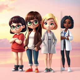 A vibrant book cover featuring four young female characters, designed in a charming 3D style