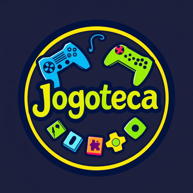 A vibrant and modern logo for 'Jogoteca', featuring playful typography that combines elements of gaming and community