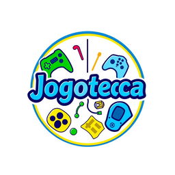 A vibrant and modern logo for 'Jogoteca', featuring playful typography that combines elements of gaming and community