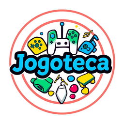 A vibrant and modern logo for 'Jogoteca', featuring playful typography that combines elements of gaming and community