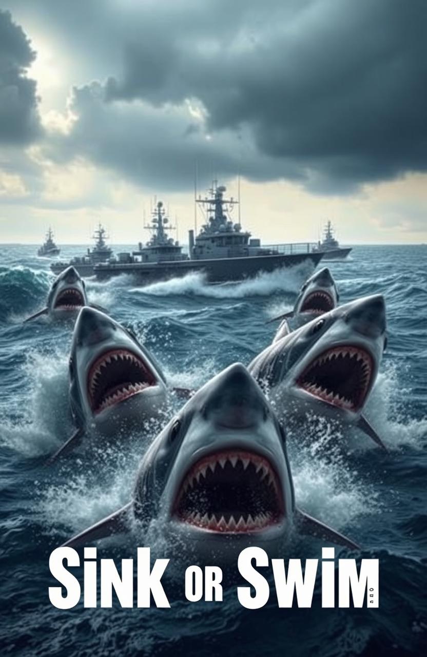 A dynamic scene titled 'Sink or Swim', displaying a clash between aggressive sharks and a fleet of powerful military boats in a turbulent ocean