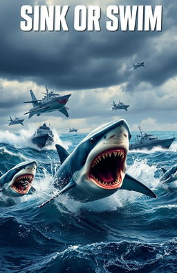 A dynamic scene titled 'Sink or Swim', displaying a clash between aggressive sharks and a fleet of powerful military boats in a turbulent ocean