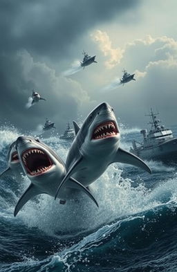 A dynamic scene titled 'Sink or Swim', displaying a clash between aggressive sharks and a fleet of powerful military boats in a turbulent ocean