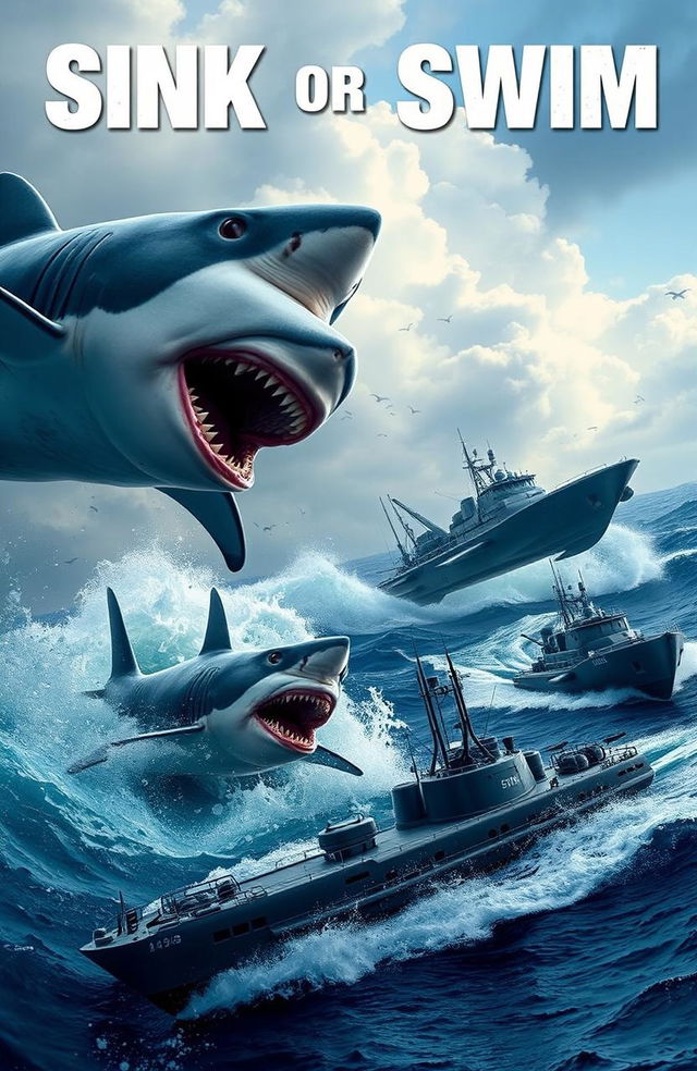 A dynamic scene titled 'Sink or Swim', displaying a clash between aggressive sharks and a fleet of powerful military boats in a turbulent ocean