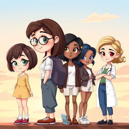 A delightful book cover featuring four young female characters designed in a charming 2D Disney style