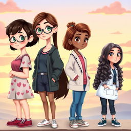 A delightful book cover featuring four young female characters designed in a charming 2D Disney style