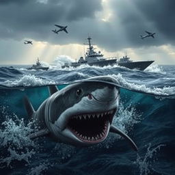 A captivating scene titled 'Sink or Swim', featuring a formidable shark swimming beneath the surface of a turbulent ocean, while above, powerful military boats and submarines glide through the choppy waters